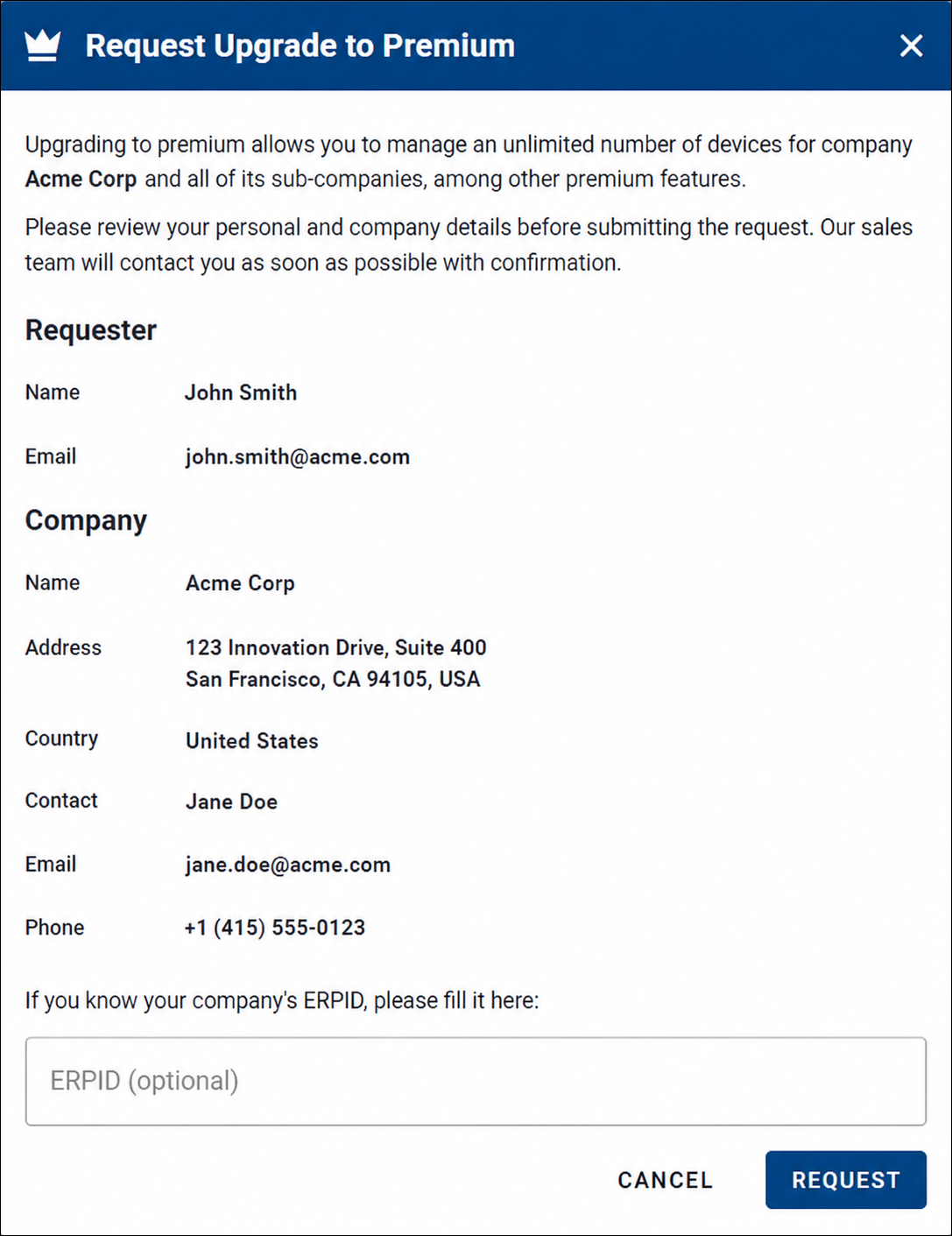 Request upgrade form Request upgrade form