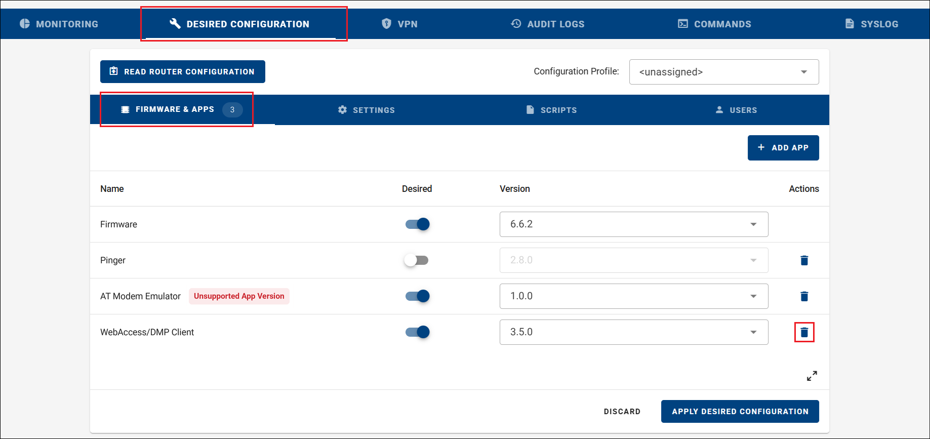 DMP Client Router App delete option