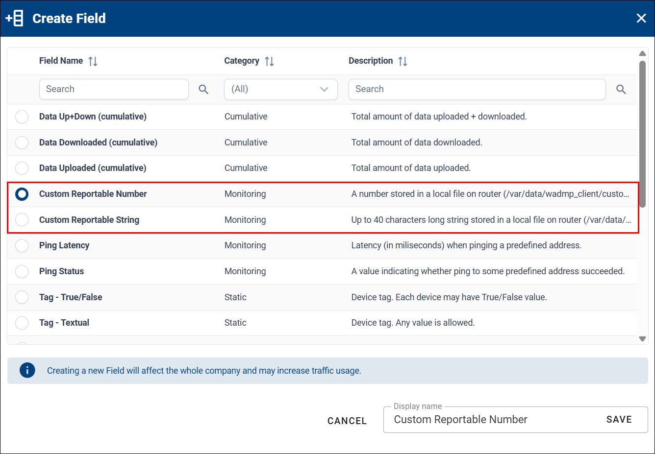 Custom Reportable Fields