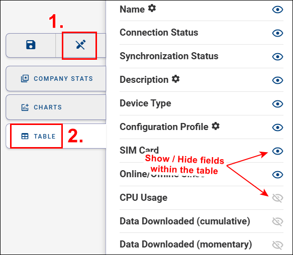 Show or hide table columns