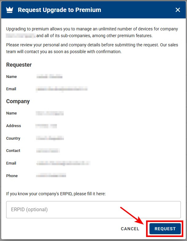Request upgrade form
