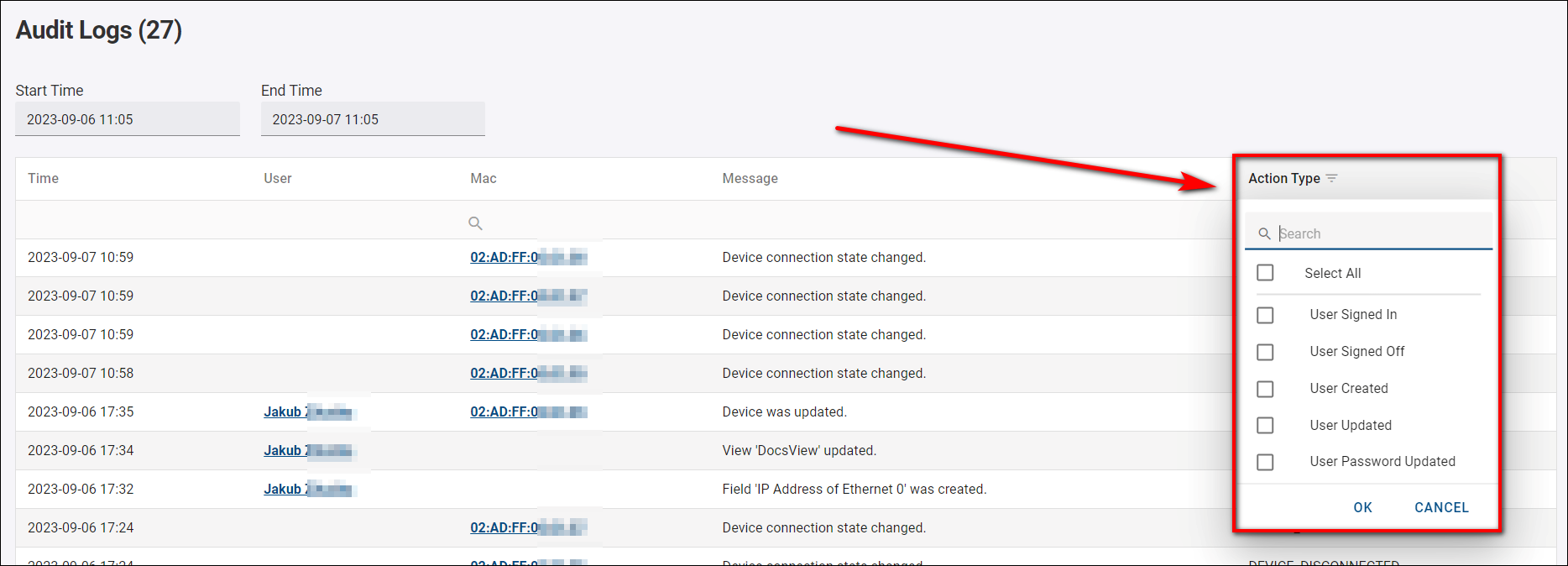 Filtering by Action Type