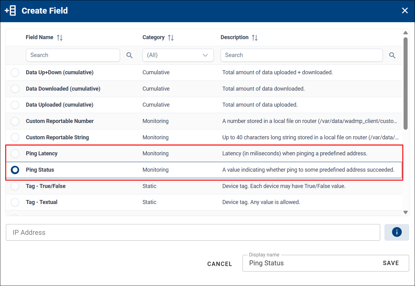 Creating a ping Field