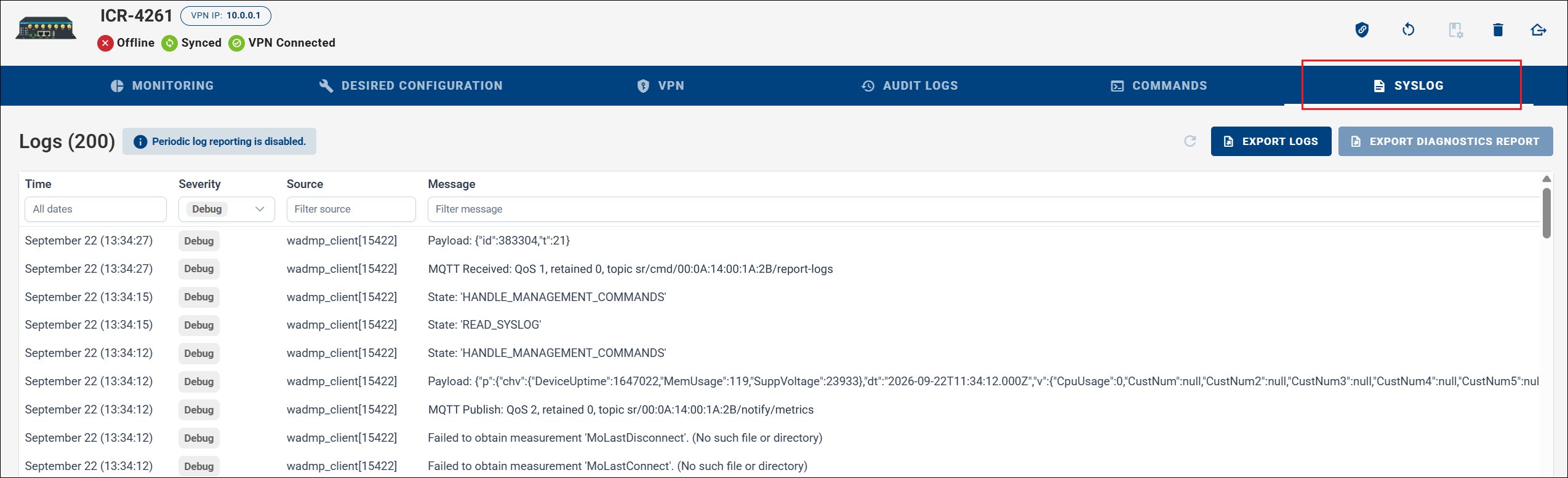 Syslog tab